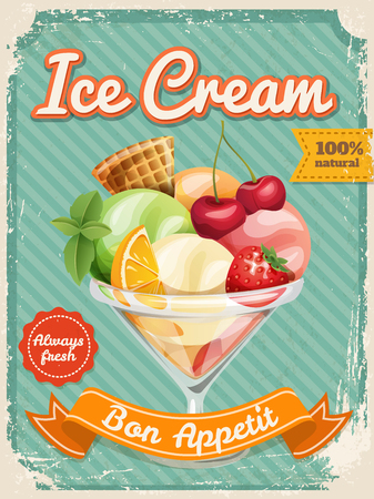 Vector Ice cream poster in vintage style with typography elements and cool ice cream with fruits illustration.のイラスト素材