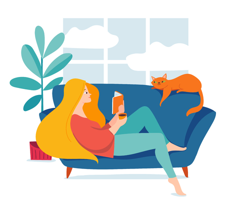 Hygge illustration with a womal reading a bookの販売画像