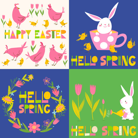 Set of four cute vectorillustrations with easter spring symbols and lettering. Eater spring poster in cartoon style with rabbit, chickens and flowers.のイラスト素材
