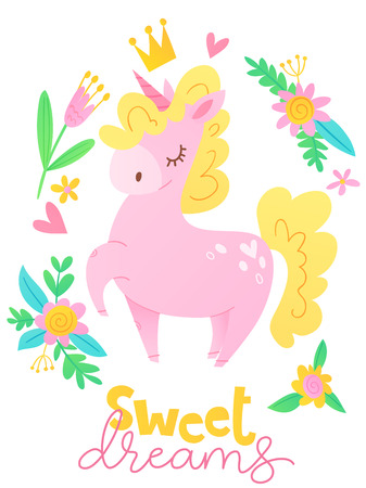 Cute vector happy birthday card with cartoon magic unicorn character and sweet dreams textのイラスト素材