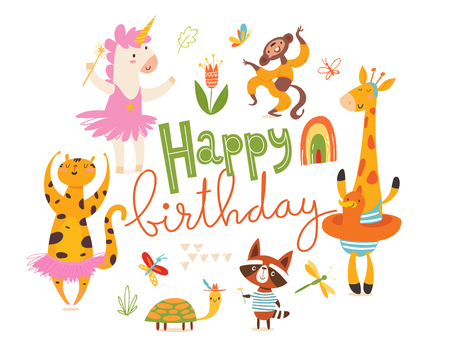 Happy birthday card. Big set of cartoon wild animals.のイラスト素材