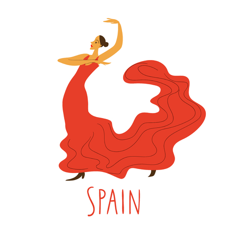 Vector symbols of Spain. Spanish dancer woman in red dress dancing flamenco.のイラスト素材