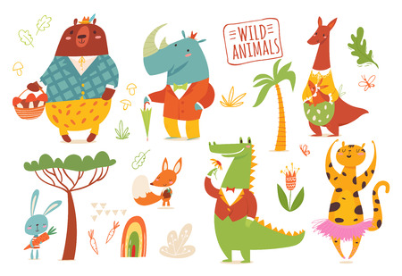 Set of funny hand drawn wild animals. Great for your design ideas, cards, posters and kids room decoration.のイラスト素材