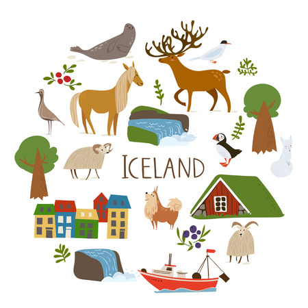 Set of vector icons with Iceland nature gathered round. Good as a poster, wall decor or as a print on souvenirs, bags and cards.のイラスト素材