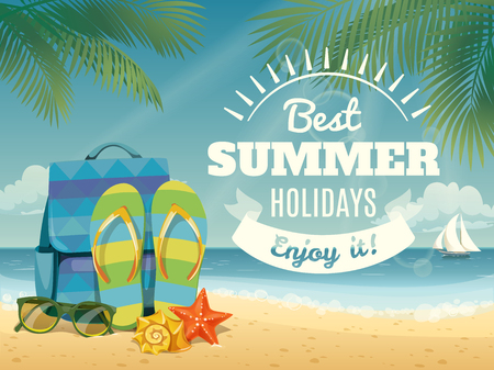 Vector summer poster with summer elements. Best summer holidays banner with lettering and flip flopsのイラスト素材