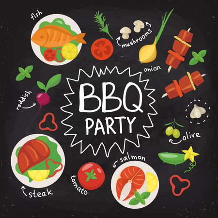 Chalkboard food poster. BBQ party poster in flat style. Food poster. Food infographic. Black board food poster with chalk written texts. Hand drawn calligraphy. のイラスト素材