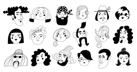 Set of vector flat style black and white male and female characters. Vector avatars. Men and women vector portraits. のイラスト素材