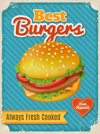 Vintage style vector Best Burgers poster or card. High detailed vector burger illustration.のイラスト素材