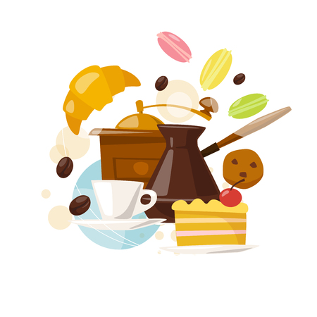 Infographic coffee and sweets. Flat coffee icons. Food and drink elements. Breakfast icons. Coffee cup, croissant, cakes, macaroons, sweets and coffee beans. のイラスト素材