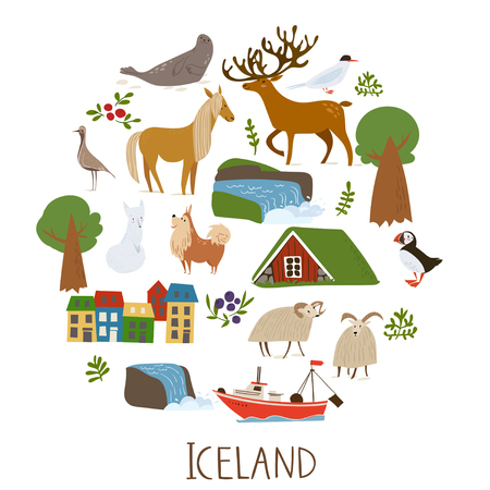 Iceland nature vector symbols of landscapes, animals and architecture.のイラスト素材
