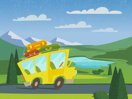 Hello summer lettering on vector nature landscape background with yellow car. Travel poster. Mountain view. のイラスト素材