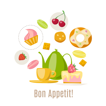 Tea  illustration design with tea cup and sweets elementsのイラスト素材