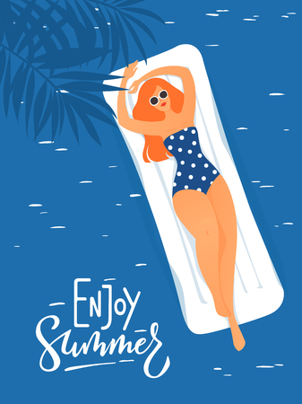 Vector summer illustration with young woman having rest in a swimming pool.のイラスト素材