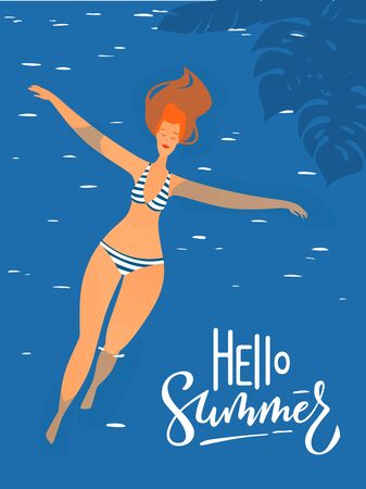 Vector hello  summer illustration with young woman in a swimming pool.のイラスト素材