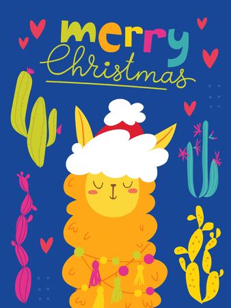 Vector Christmas winter card for holiday season with cute funny lamaのイラスト素材