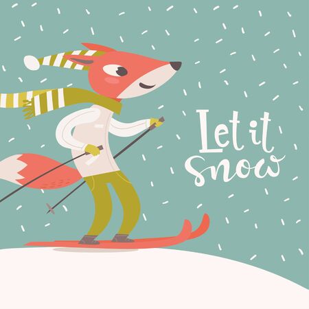 Retro style cartoon Christmas poster with a foxのイラスト素材