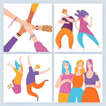 Set of four vector friendship motivation images with happy people.のイラスト素材