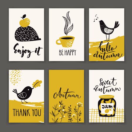 Set of autumn poster designs with motivating text in yellow colorのイラスト素材