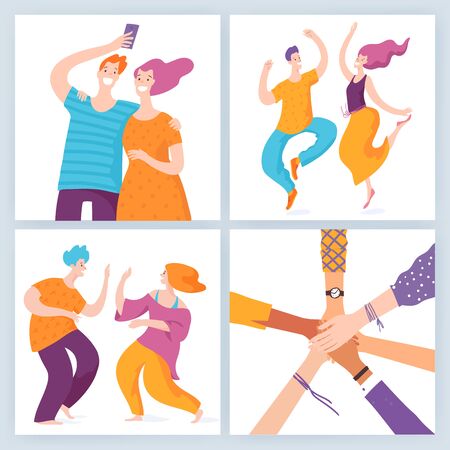 Set of vector friendship motivation images with happy people.のイラスト素材