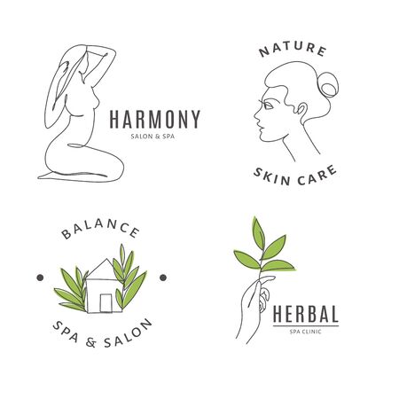 Spa salon icon templates with body and nature line art.のイラスト素材