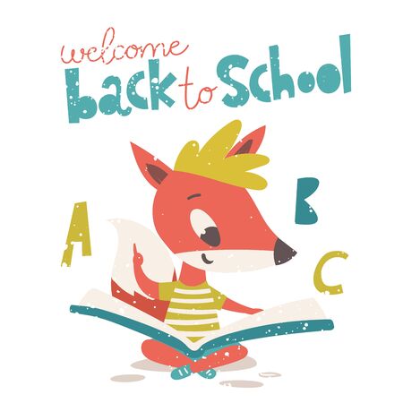 Welcome back to school poster with cute fox character reading a book.のイラスト素材