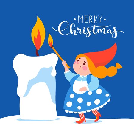 Christmas card with cute elf character lighting a candleのイラスト素材