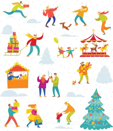 Vector winter seamless pattern with people for Christmasのイラスト素材