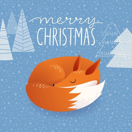 Christmas vector greeting card with cartoon sleeping foxのイラスト素材