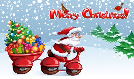 Vector Merry Christmas card with Santa Claus riding a rollerのイラスト素材