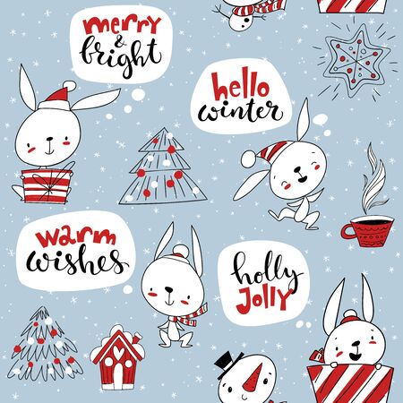 Vector seamless pattern for winter holidays with cute rabbits and Christmas decorations.のイラスト素材