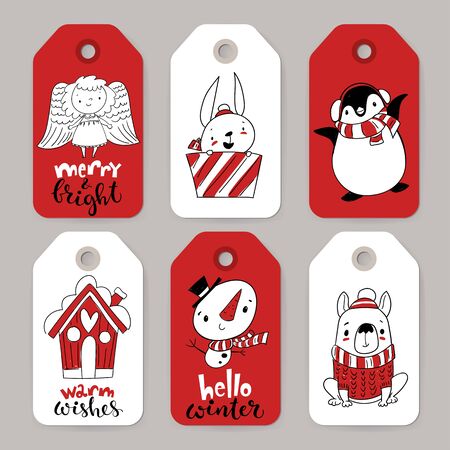 Six vector winter sale Christmas labels with cartoon charactersのイラスト素材
