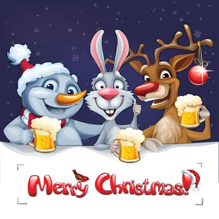 Vector Merry Christmas card with Funny Rabbit, reindeer and snowman cartoon characters with holiday drinks and lettering. Winter gifts and congratulation. のイラスト素材