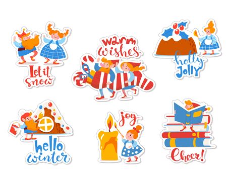 Stickers with cartoon elf characters and Christmas letteringのイラスト素材