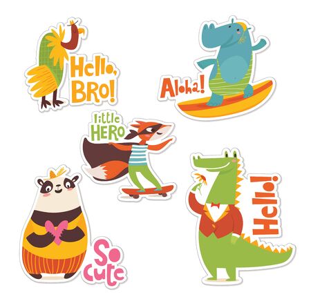 Five stickers with cool cartoon animals and lettering.のイラスト素材