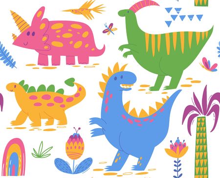 Vector seamless pattern with cute cartoon dinosaursのイラスト素材