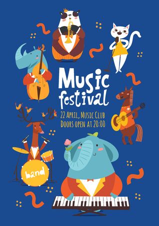Vector music festival poster design with cartoon animals playing music instruments and singingのイラスト素材