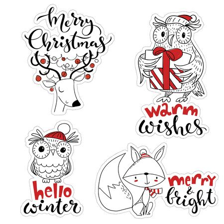 Vector scandinavian style Christmas sticker set with cartoon characters.のイラスト素材