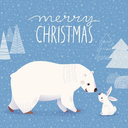 Winter Christmas greeting card with cartoon polar bear and rabbitのイラスト素材