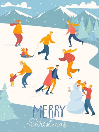 Vector Christmas poster with people do winter activitiesのイラスト素材