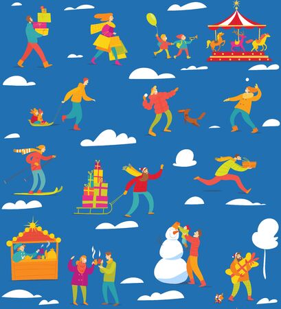 Winter seamless pattern with flat style people for Christmasのイラスト素材