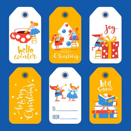 Winter sale six labels with cute elf charactersのイラスト素材