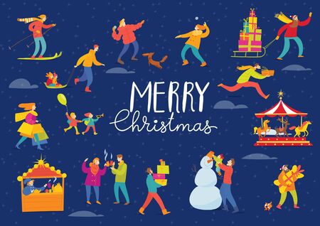 Night style vector Merry Christmas winter design for holiday with people doing winter activities.のイラスト素材