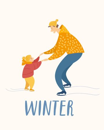 Vector Winter poster with father and daughter go skatingのイラスト素材