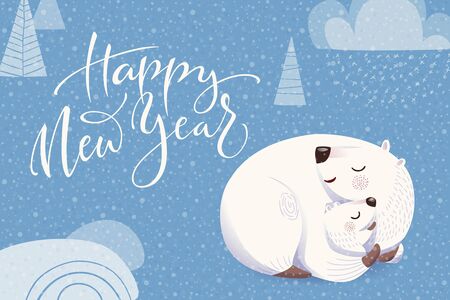 Happy New year Christmas greeting card with cartoon polar bear and babyのイラスト素材