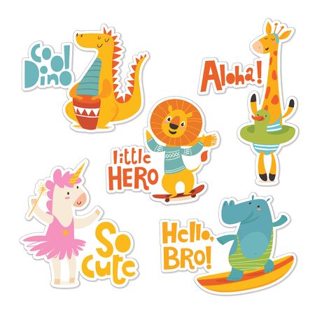 Cool stickers with cartoon animals and lettering.のイラスト素材