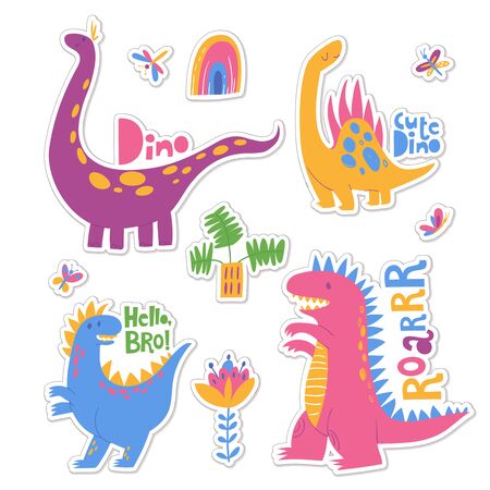 Stickers with cool dinosaurs, plants and lettering.のイラスト素材