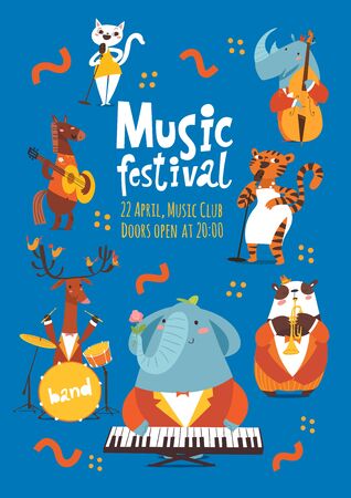 Jazz music festival poster design with cartoon animals playing music instrumentsのイラスト素材