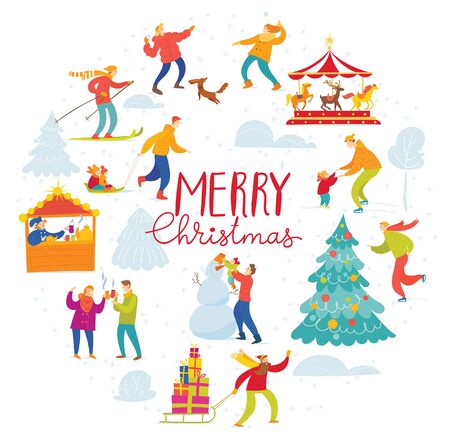 Vector Christmas winter holiday card for with people doing winter activities.のイラスト素材