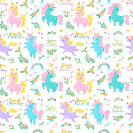 Vector summer seamless pattern with unicorn and magic elements.のイラスト素材