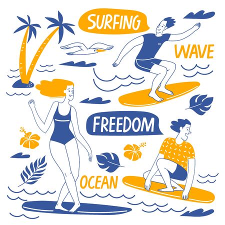 Surfing lifestyle motivational vector design with people, ocean elements and letteringのイラスト素材